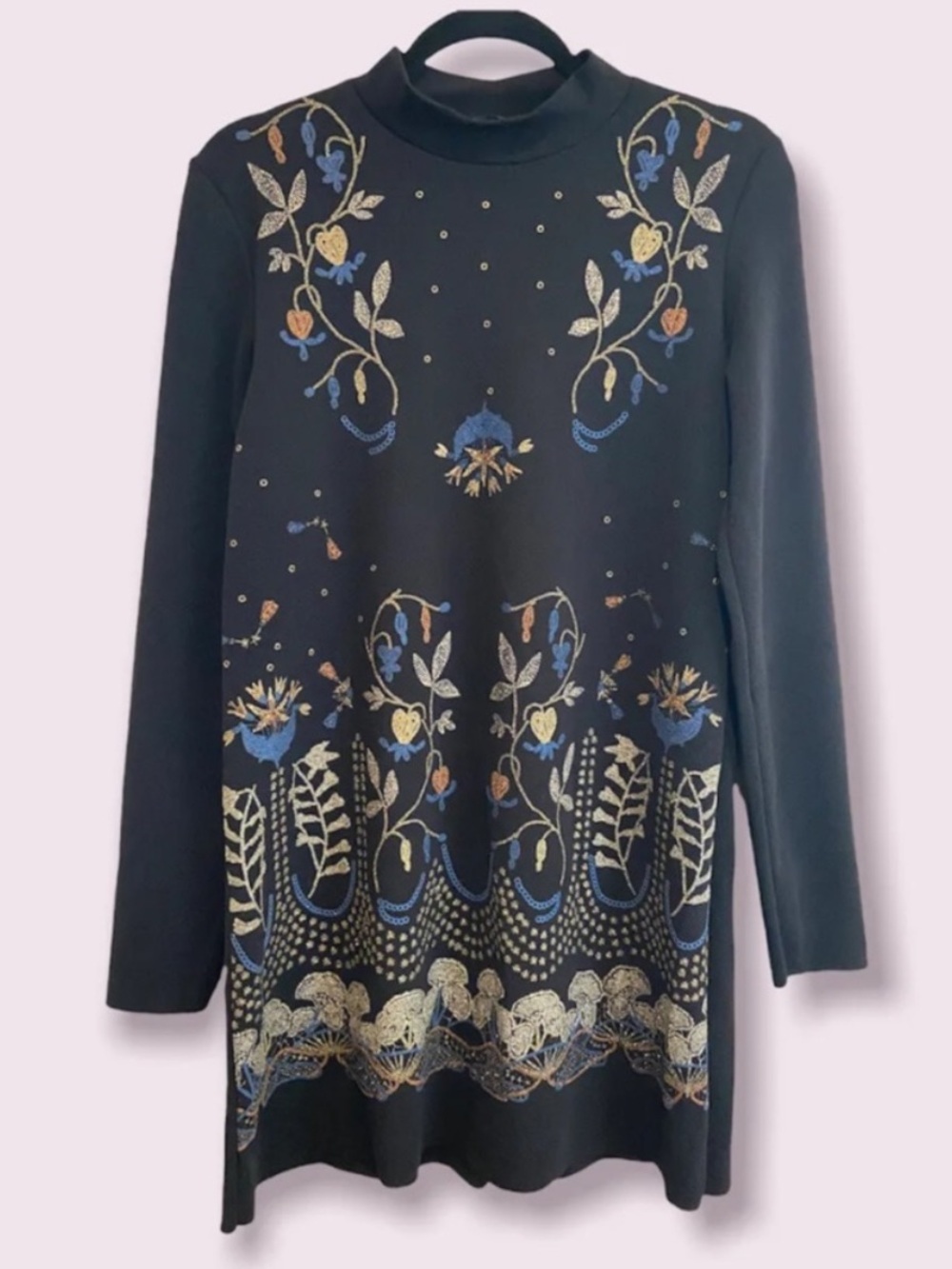 Zara Black Long Sleeve Shift Dress with Floral Embroidered Print Size Small